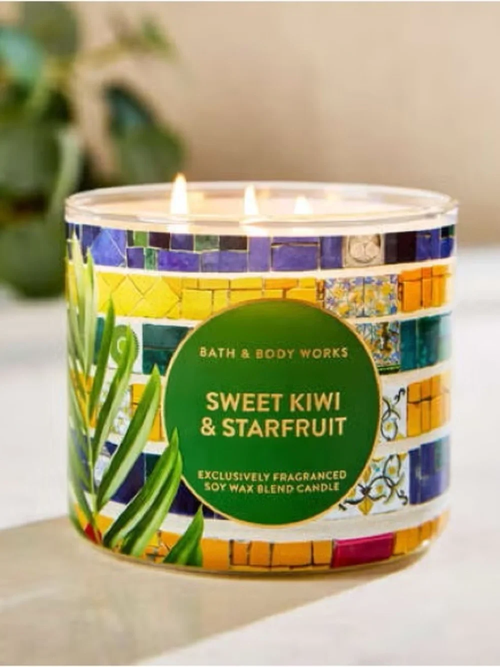 Bath & Body Works Sweet Kiwi & Starfruit 3-Wick Candle - Green & Yellow Mosaic